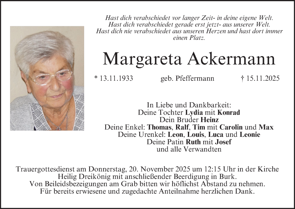  Traueranzeige für Margareta Ackermann vom 19.11.2025 aus MGO