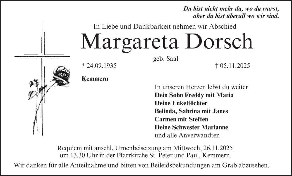  Traueranzeige für Margareta Dorsch vom 22.11.2025 aus MGO