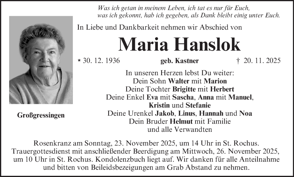  Traueranzeige für Maria Hanslok vom 22.11.2025 aus MGO