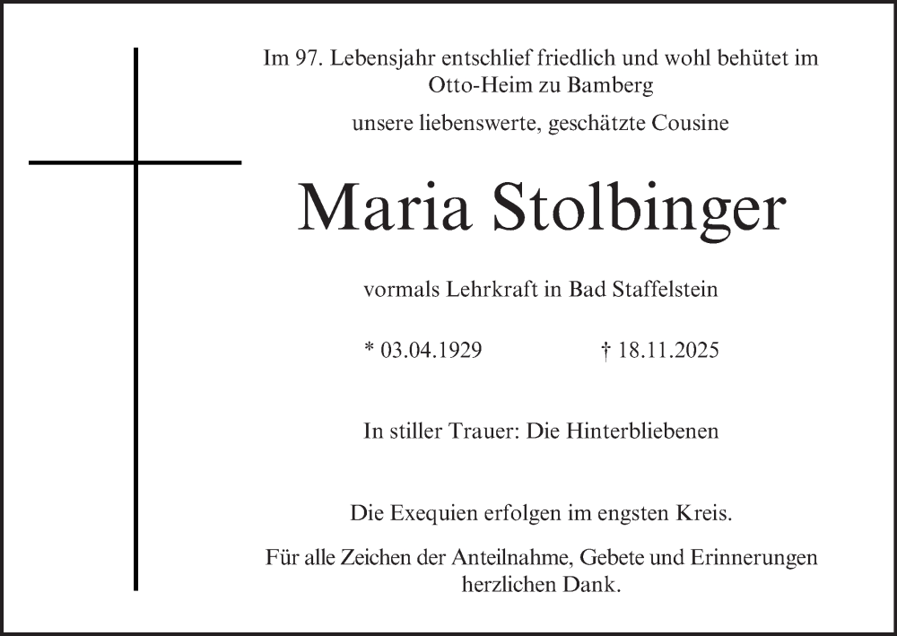 Traueranzeige für Maria Stolbinger vom 22.11.2025 aus MGO