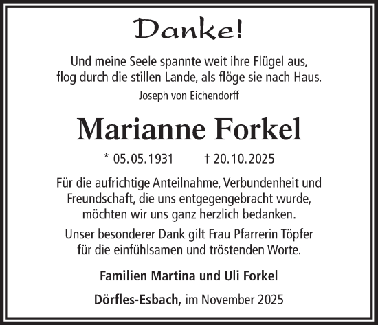 Anzeige von Marianne Forkel von MGO