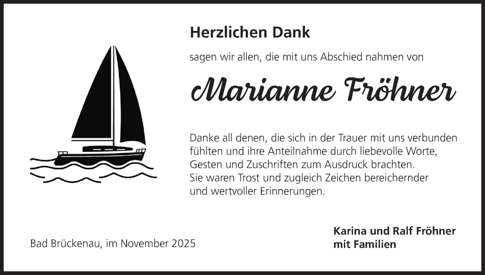  Traueranzeige für Marianne Fröhner vom 15.11.2025 aus MGO