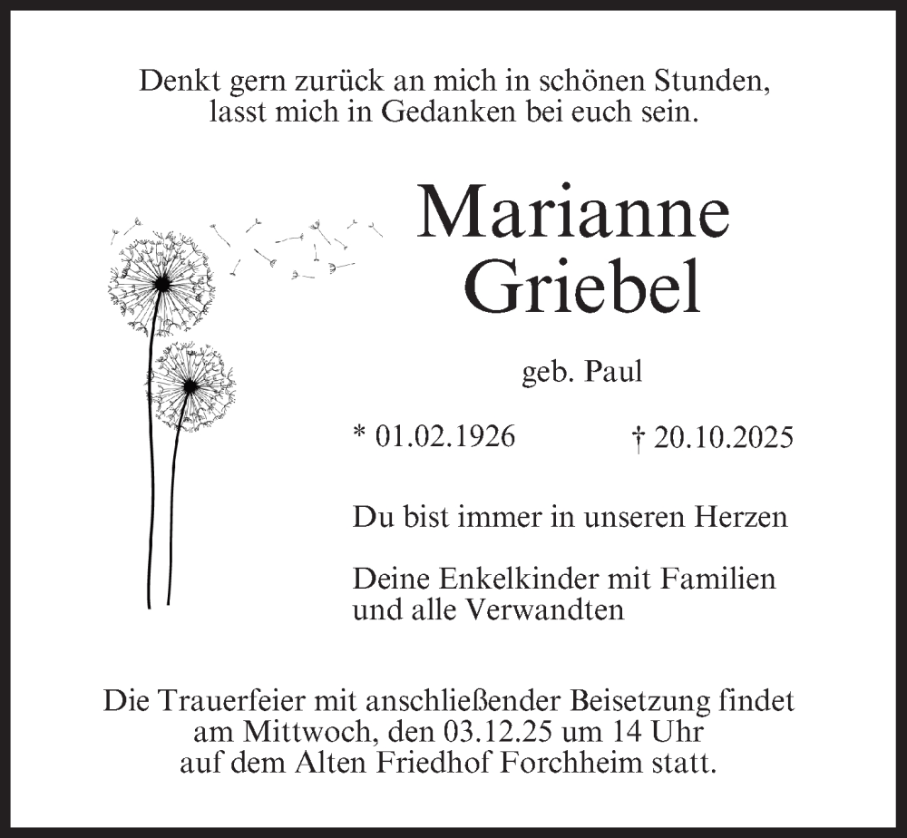  Traueranzeige für Marianne Griebel vom 29.11.2025 aus MGO