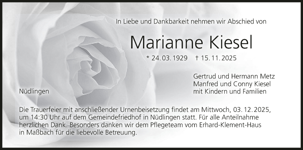  Traueranzeige für Marianne Kiesel vom 29.11.2025 aus MGO