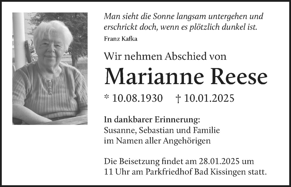  Traueranzeige für Marianne Reese vom 23.01.2025 aus MGO