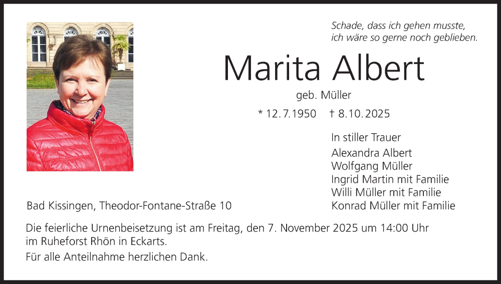  Traueranzeige für Marita Albert vom 31.10.2025 aus MGO