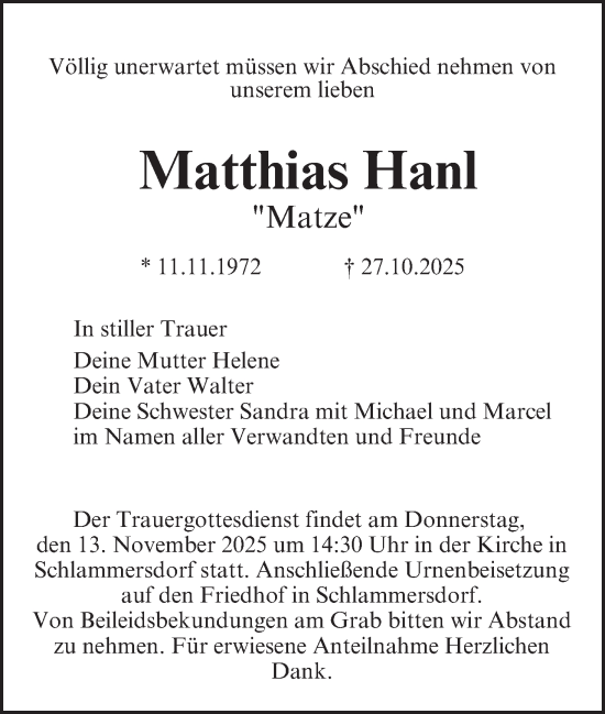 Anzeige von Matthias Hanl von MGO