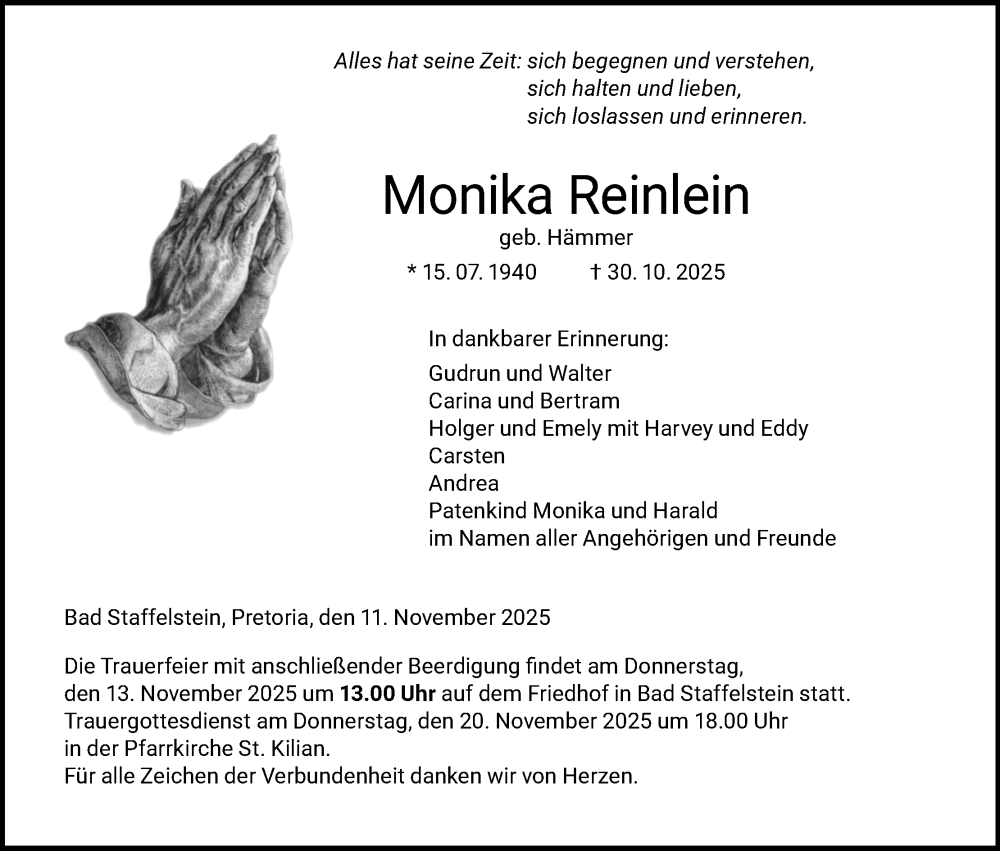  Traueranzeige für Monika Reinlein vom 11.11.2025 aus MGO