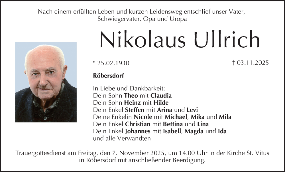  Traueranzeige für Nikolaus Ullrich vom 06.11.2025 aus MGO