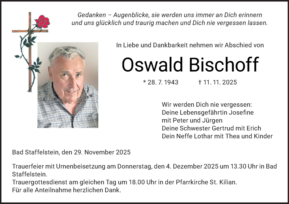  Traueranzeige für Oswald Bischoff vom 29.11.2025 aus MGO