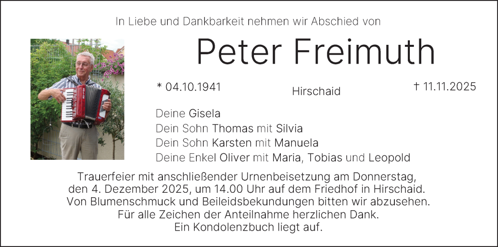  Traueranzeige für Peter Freimuth vom 29.11.2025 aus MGO