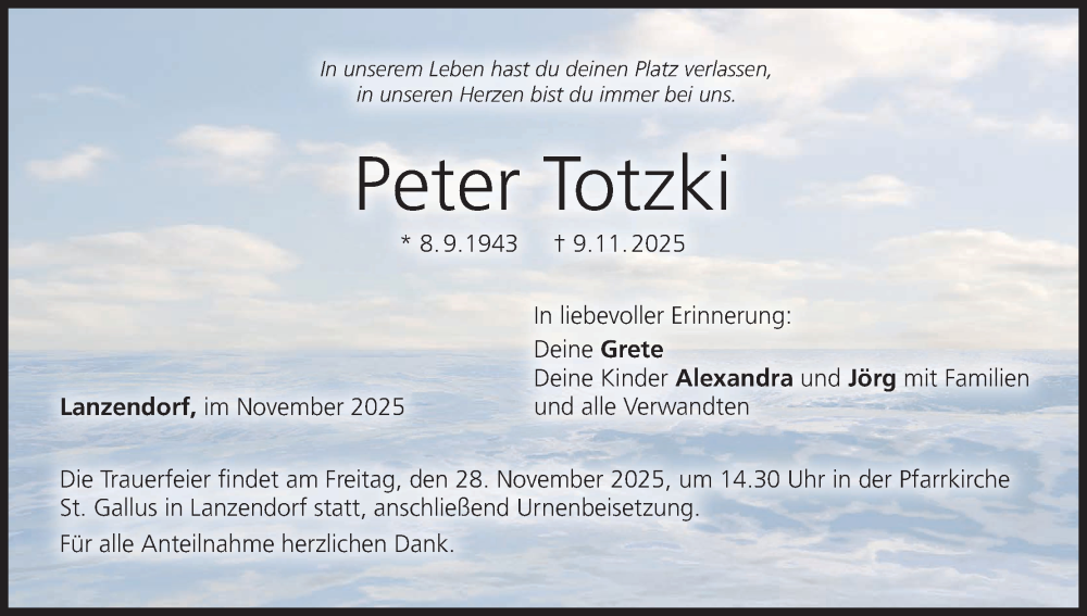  Traueranzeige für Peter Totzki vom 22.11.2025 aus MGO