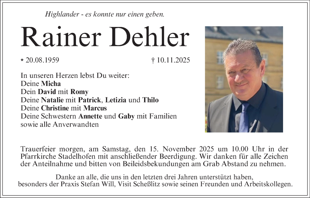  Traueranzeige für Rainer Dehler vom 14.11.2025 aus MGO
