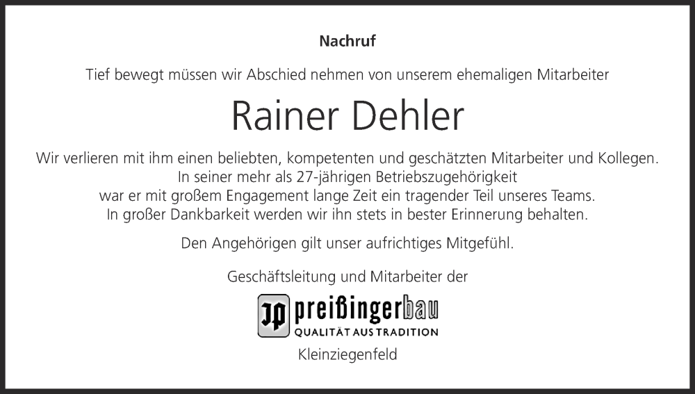  Traueranzeige für Rainer Dehler vom 14.11.2025 aus MGO