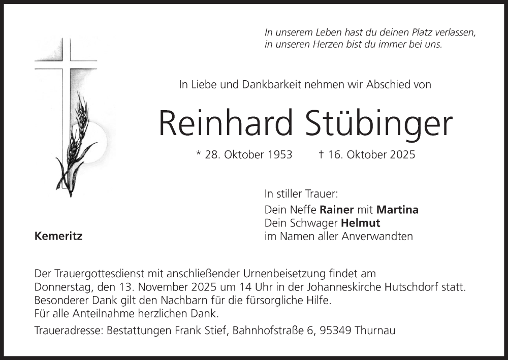  Traueranzeige für Reinhard Stübinger vom 08.11.2025 aus MGO