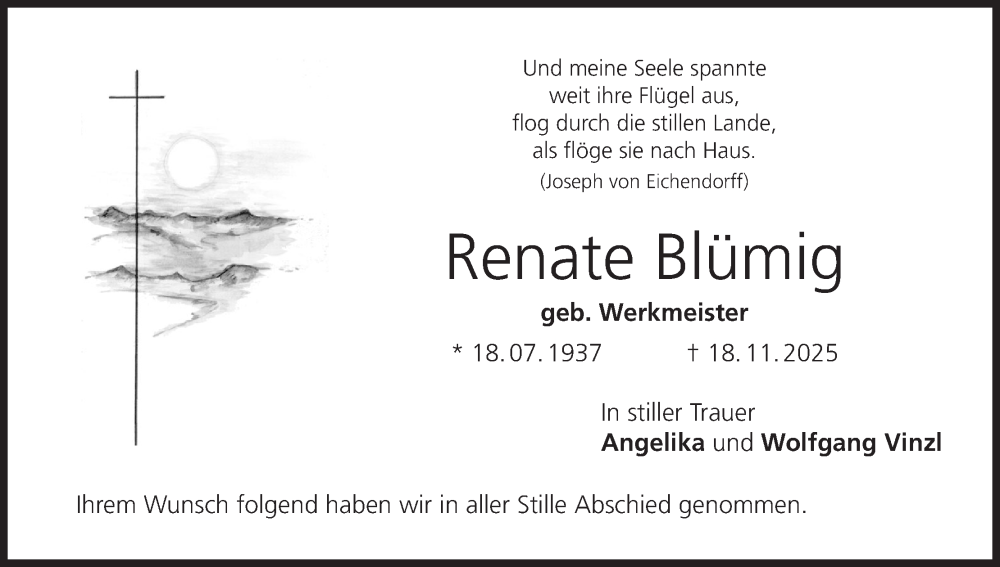  Traueranzeige für Renate Blümig vom 22.11.2025 aus MGO