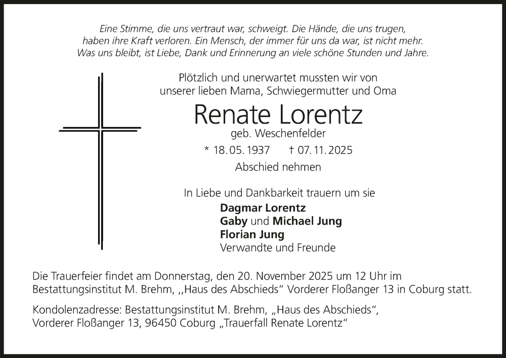  Traueranzeige für Renate Lorentz vom 15.11.2025 aus MGO