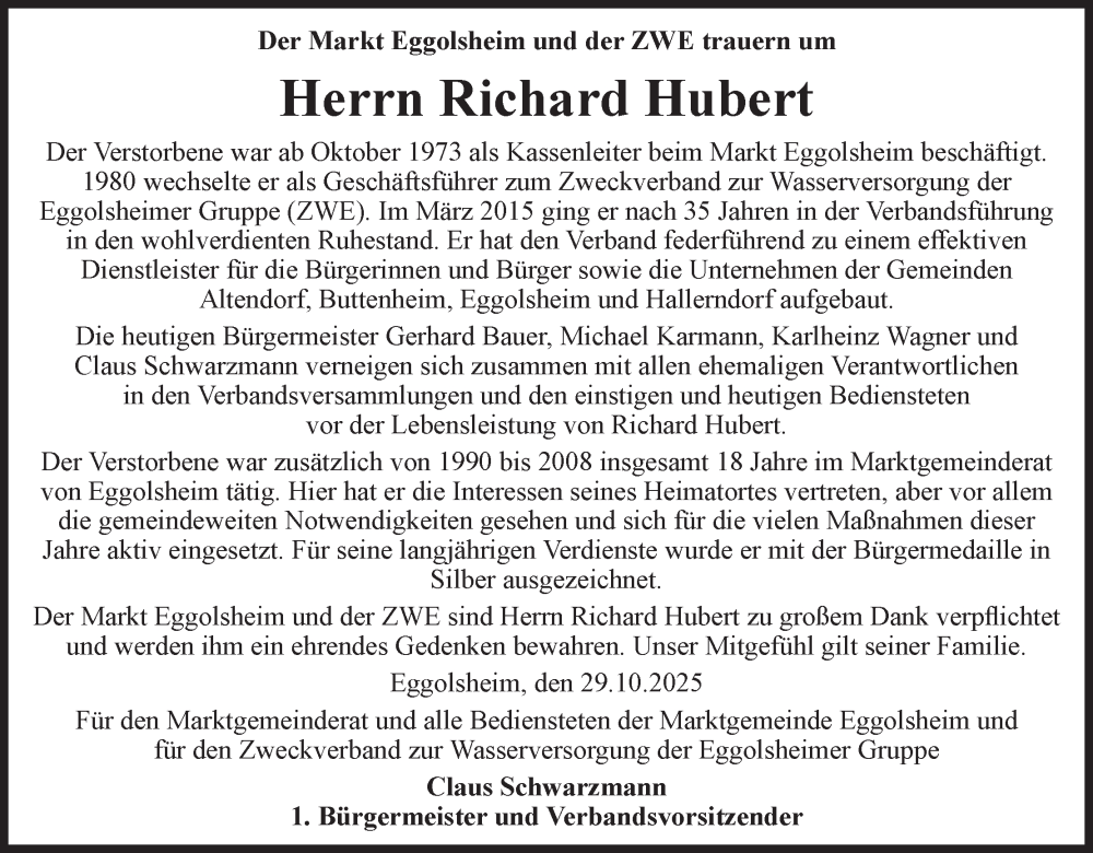  Traueranzeige für Richard Hubert vom 31.10.2025 aus MGO