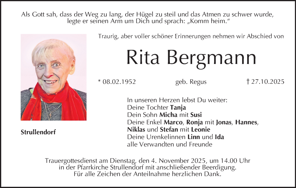  Traueranzeige für Rita Bergmann vom 31.10.2025 aus MGO