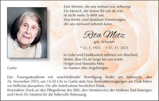 Anzeige von Rita Metz von MGO