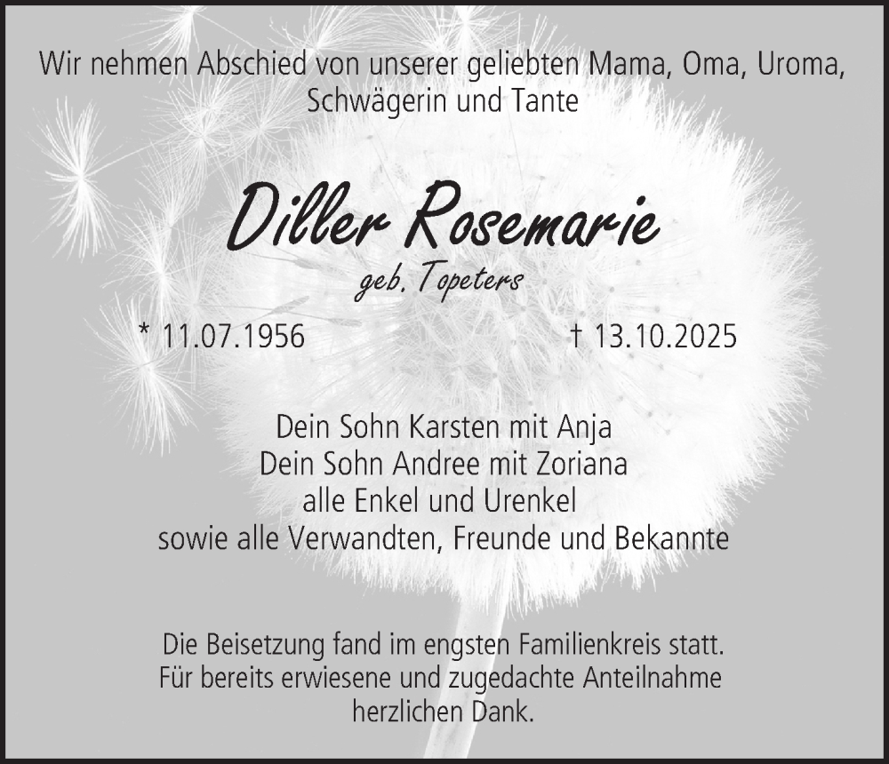  Traueranzeige für Rosemarie Diller vom 08.11.2025 aus MGO