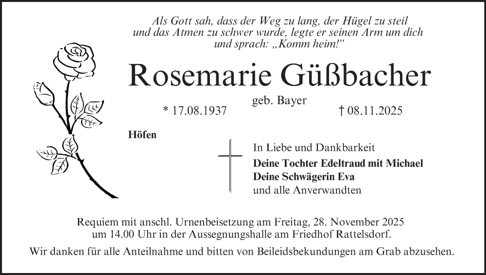  Traueranzeige für Rosemarie Güßbacher vom 22.11.2025 aus MGO