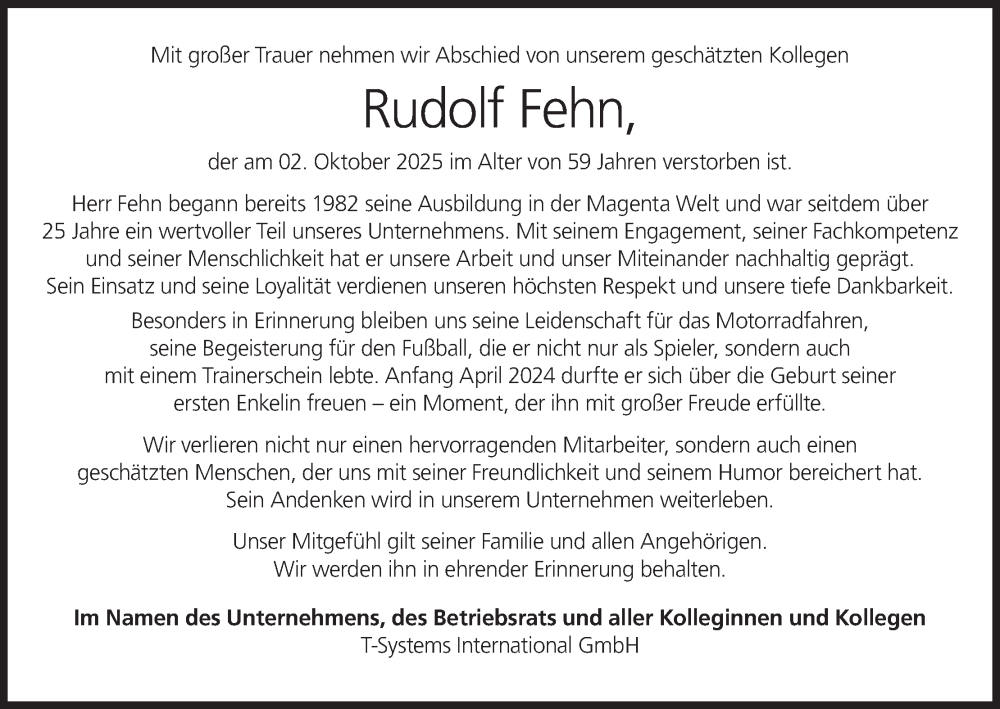  Traueranzeige für Rudolf Fehn vom 08.11.2025 aus MGO