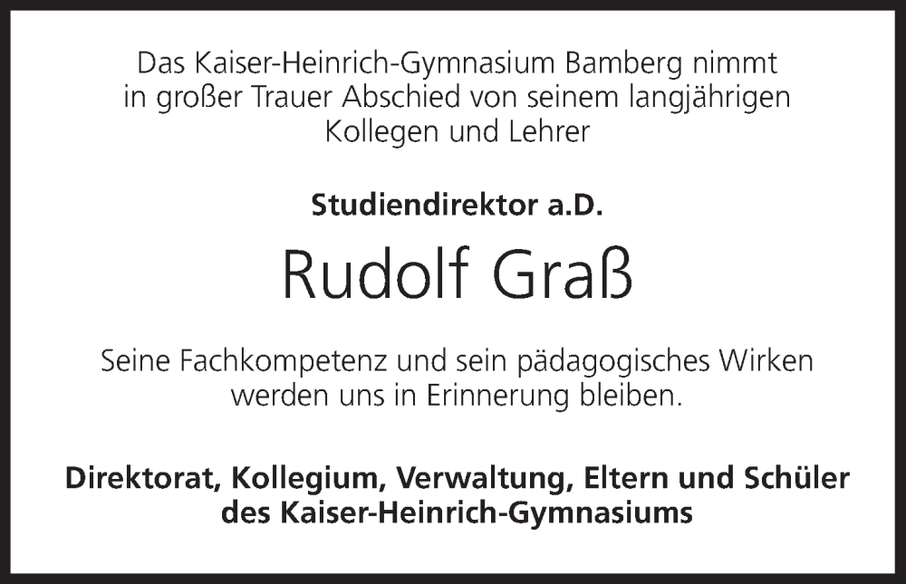  Traueranzeige für Rudolf Graß vom 31.10.2025 aus MGO