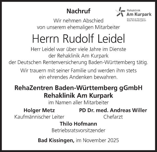 Anzeige von Rudolf Leidel von MGO