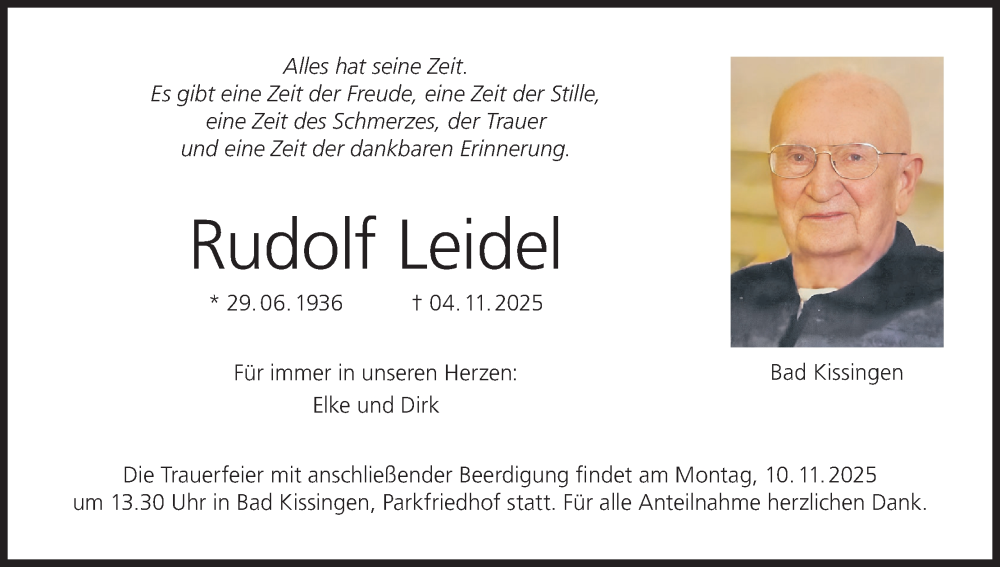  Traueranzeige für Rudolf Leidel vom 08.11.2025 aus MGO