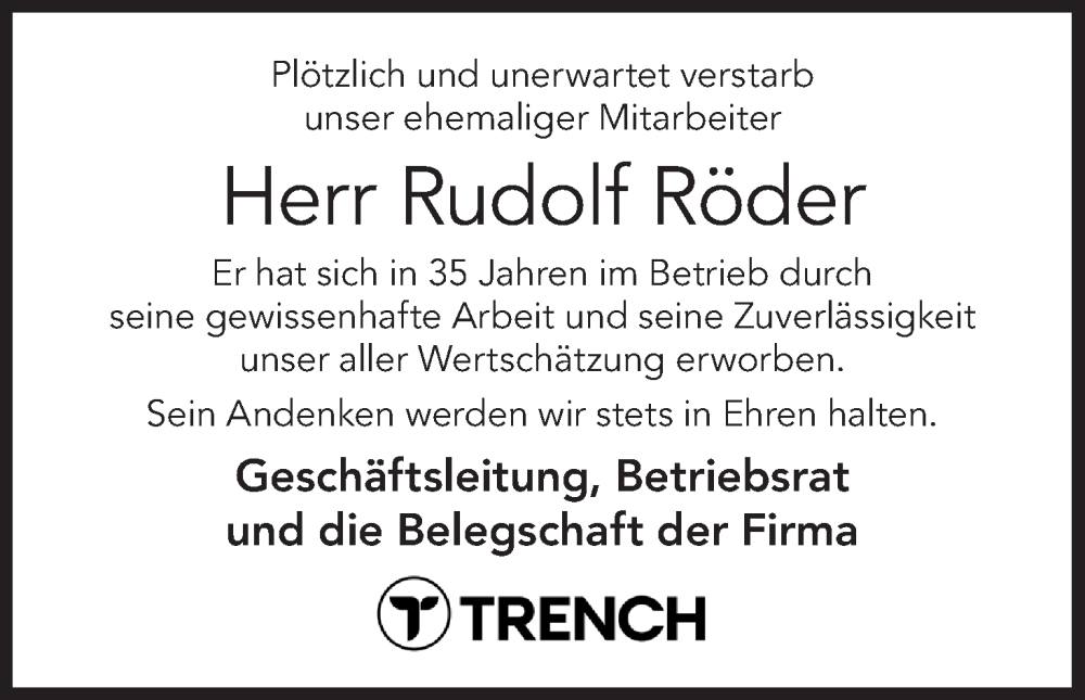  Traueranzeige für Rudolf Röder vom 08.11.2025 aus MGO