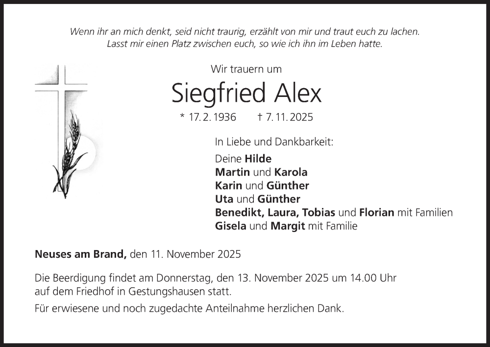 Traueranzeige für Siegfried Alex vom 11.11.2025 aus MGO