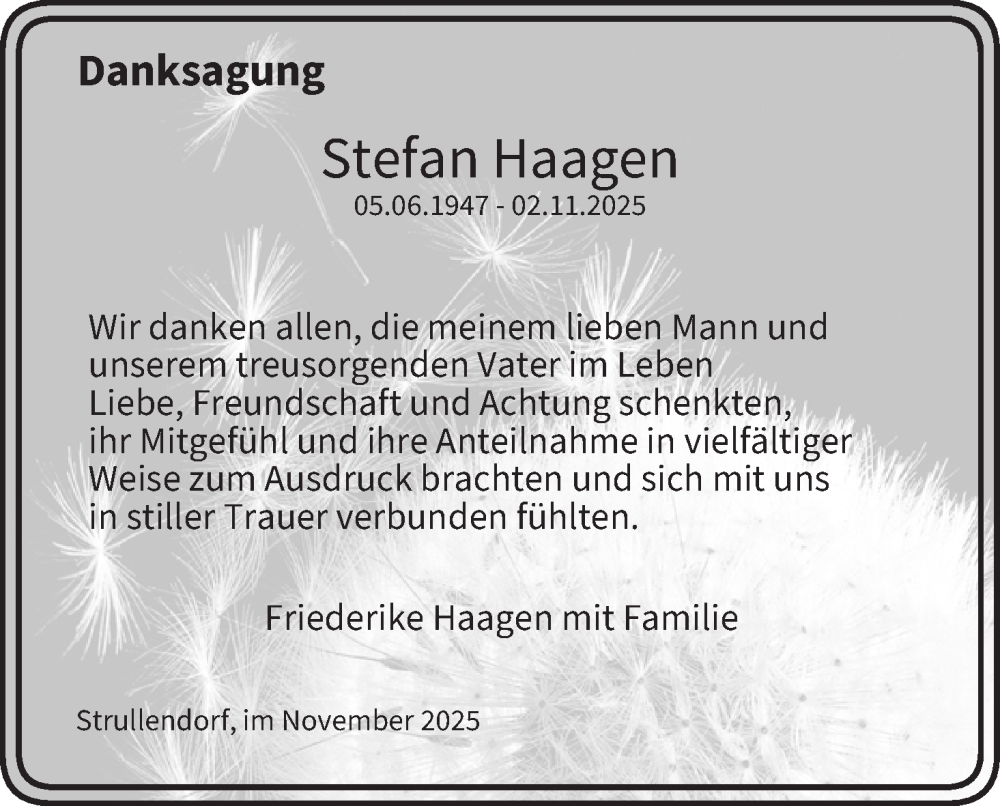  Traueranzeige für Stefan Haagen vom 29.11.2025 aus MGO