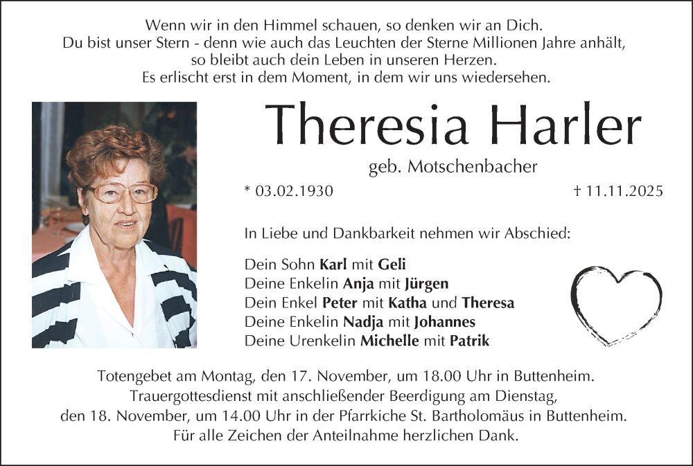  Traueranzeige für Theresia Harler vom 15.11.2025 aus MGO