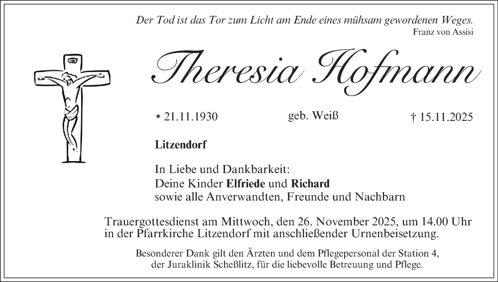  Traueranzeige für Theresia Hofmann vom 22.11.2025 aus MGO