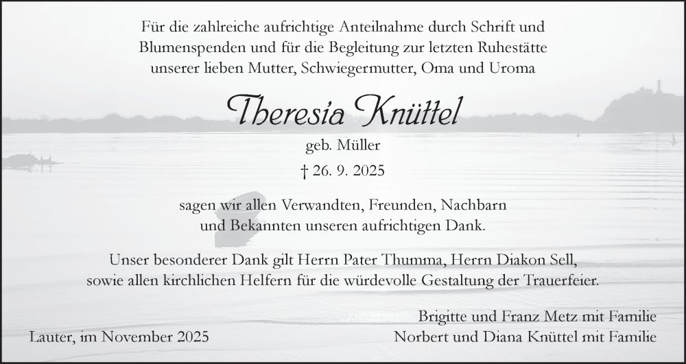  Traueranzeige für Theresia Knüttel vom 15.11.2025 aus MGO