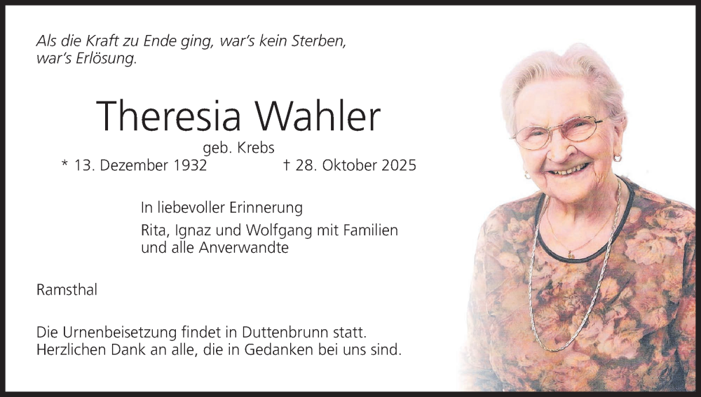 Traueranzeige für Theresia Wahler vom 08.11.2025 aus MGO