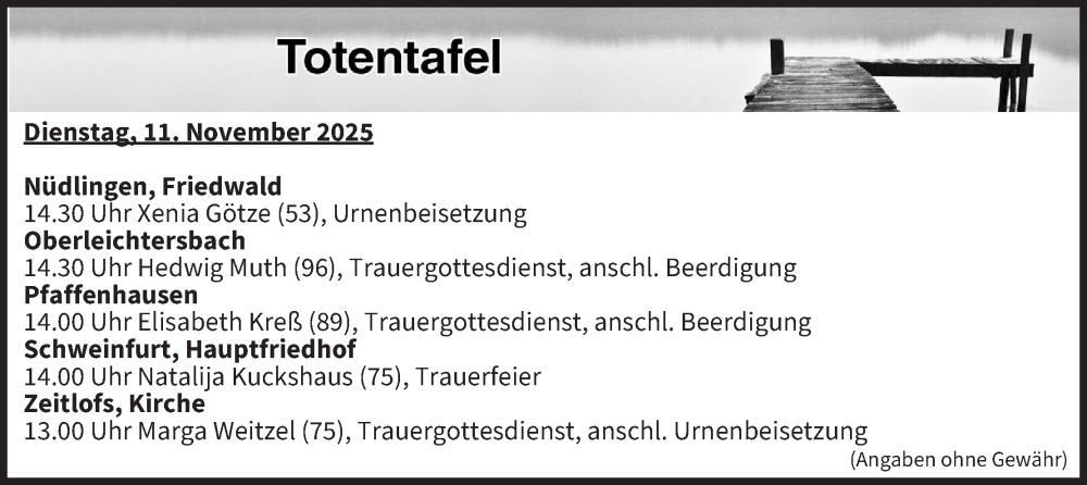  Traueranzeige für Totentafel vom 11.11.2025 vom 11.11.2025 aus MGO