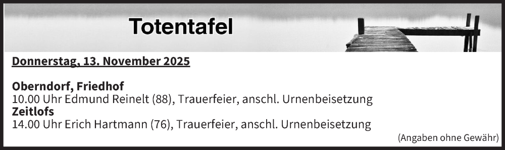  Traueranzeige für Totentafel vom 13.11.2025 vom 13.11.2025 aus MGO