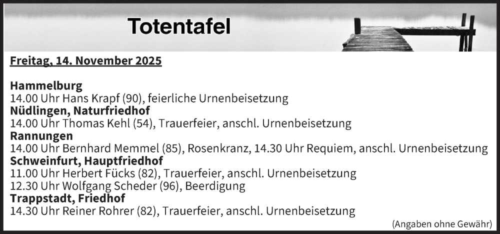  Traueranzeige für Totentafel vom 14.11.2025 vom 14.11.2025 aus MGO