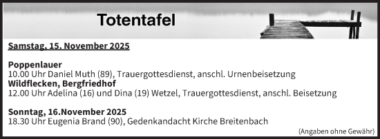 Anzeige von Totentafel vom 15.11.2025 von MGO