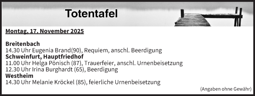  Traueranzeige für Totentafel vom 17.11.2025 vom 17.11.2025 aus MGO