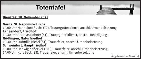 Anzeige von Totentafel vom 18.11.2025 von MGO