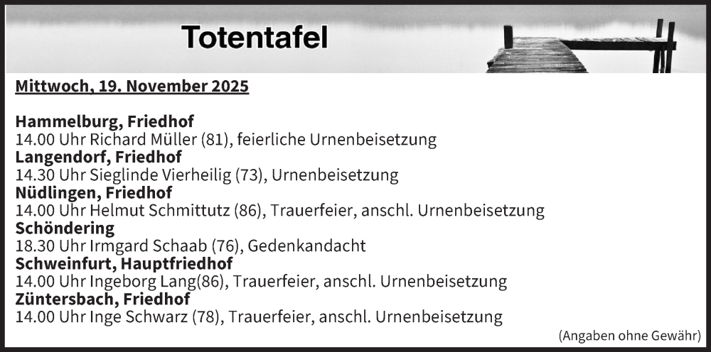 Traueranzeige für Totentafel vom 19.11.2025 vom 19.11.2025 aus MGO