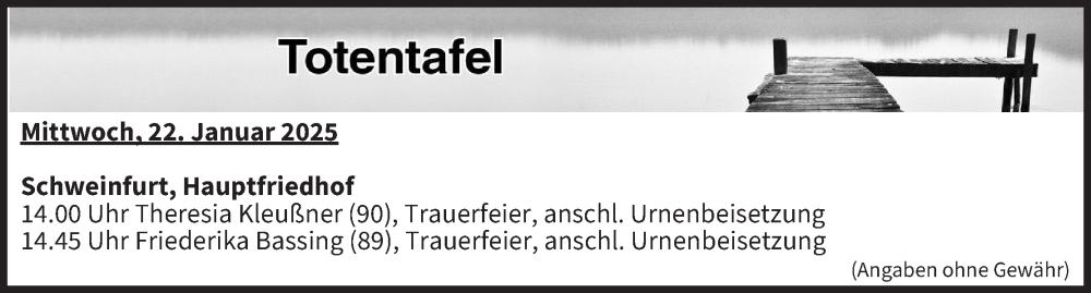  Traueranzeige für Totentafel vom 22.01.2025 vom 22.01.2025 aus MGO