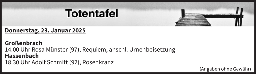  Traueranzeige für Totentafel vom 23.01.2025 vom 23.01.2025 aus MGO