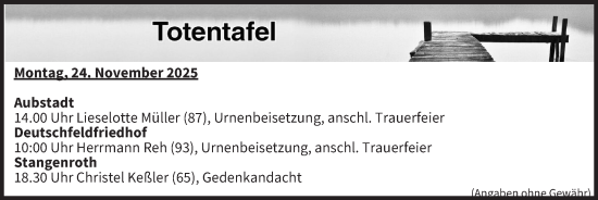 Anzeige von Totentafel vom 24.11.2025 von MGO
