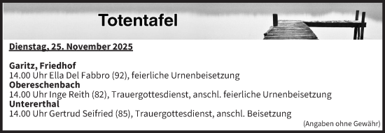 Anzeige von Totentafel vom 25.11.2025 von MGO