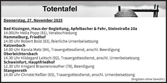 Anzeige von Totentafel vom 27.11.2025 von MGO