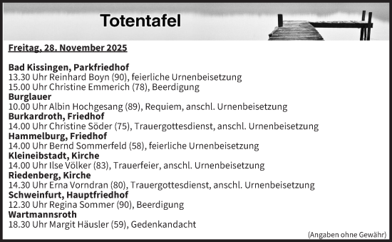 Anzeige von Totentafel vom 28.11.2025 von MGO